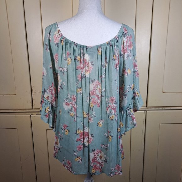 MOD Lusive Women's Floral Green 3/4 Ruffle Sleeve Blouse Boho Size Large - Picture 7 of 10